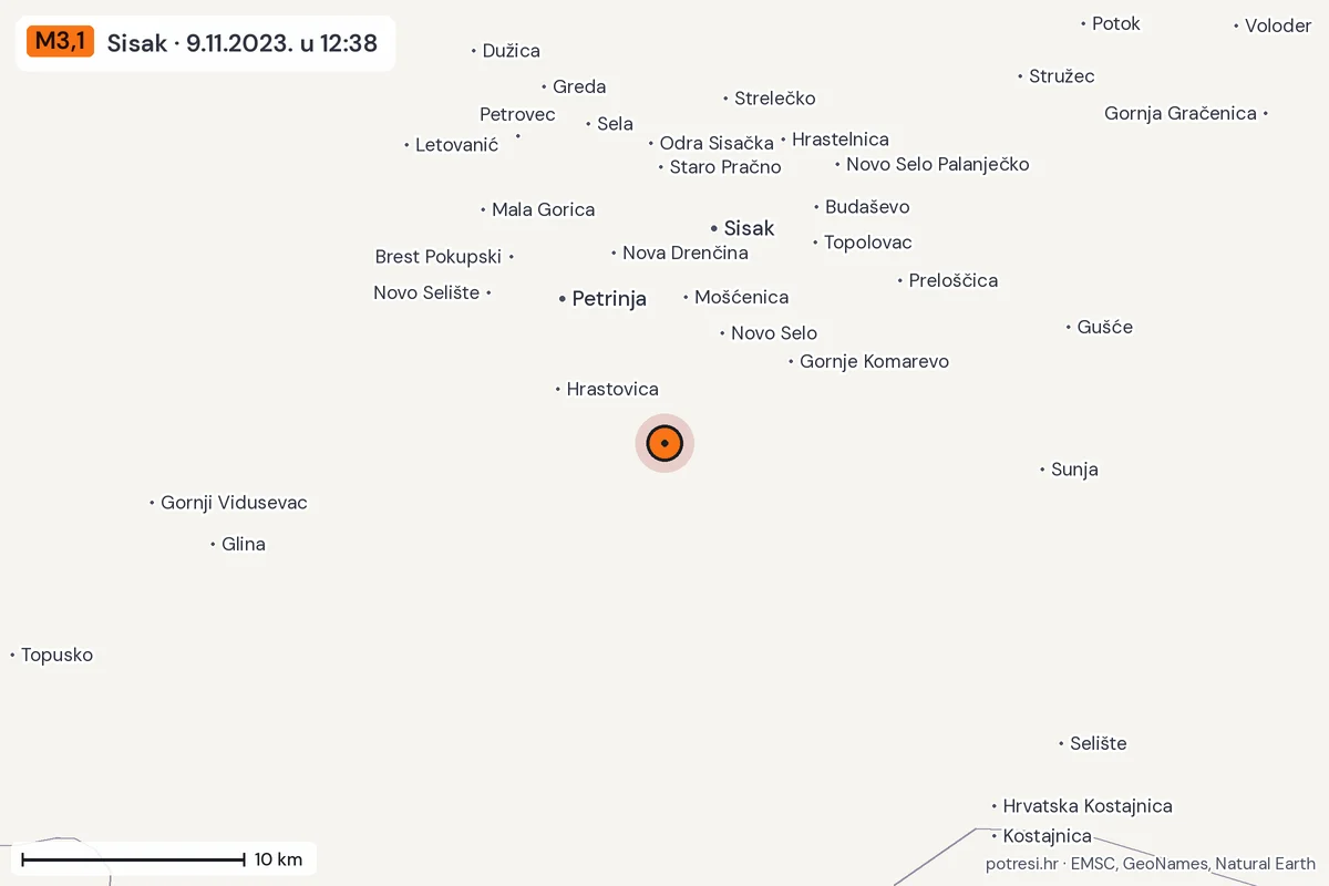 Karta: okolica epicentra, 60 km, potres M3,1, Sisak, 9.11.2023.
