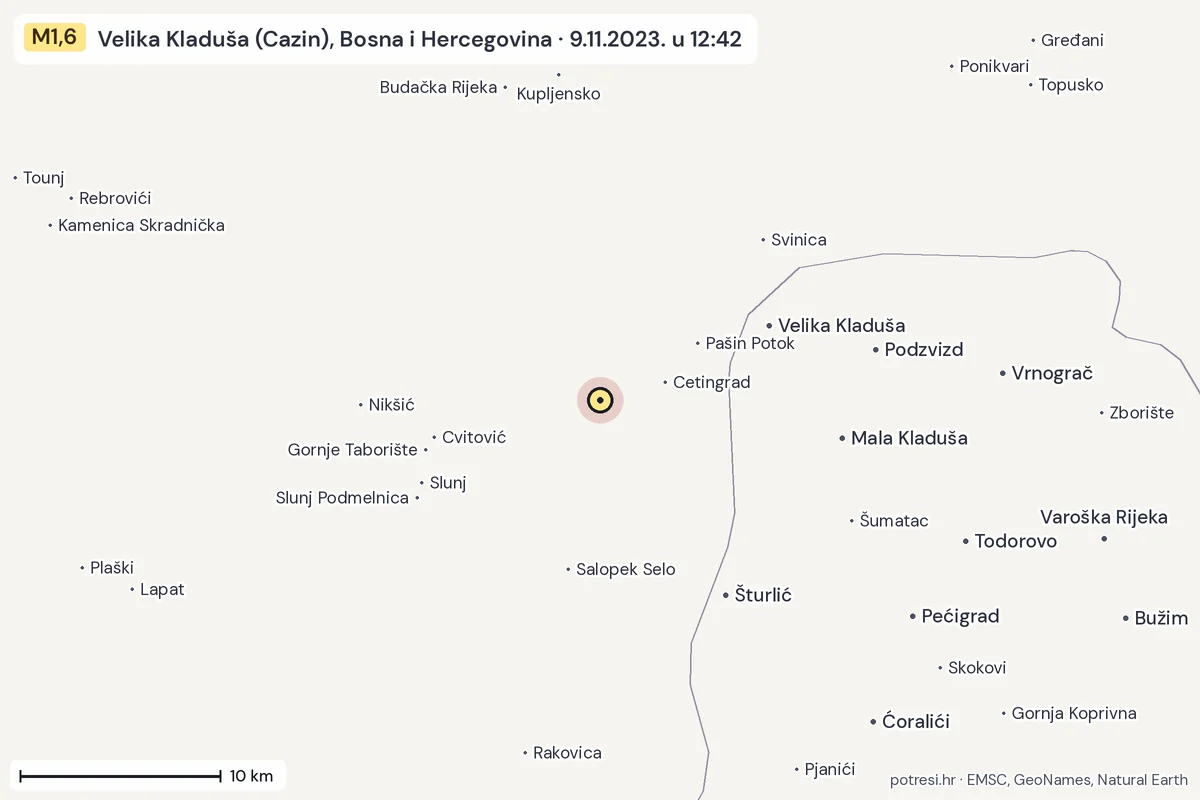 Karta: okolica epicentra, 60 km, potres M1,6, Velika Kladuša (Cazin), Bosna i Hercegovina, 9.11.2023.