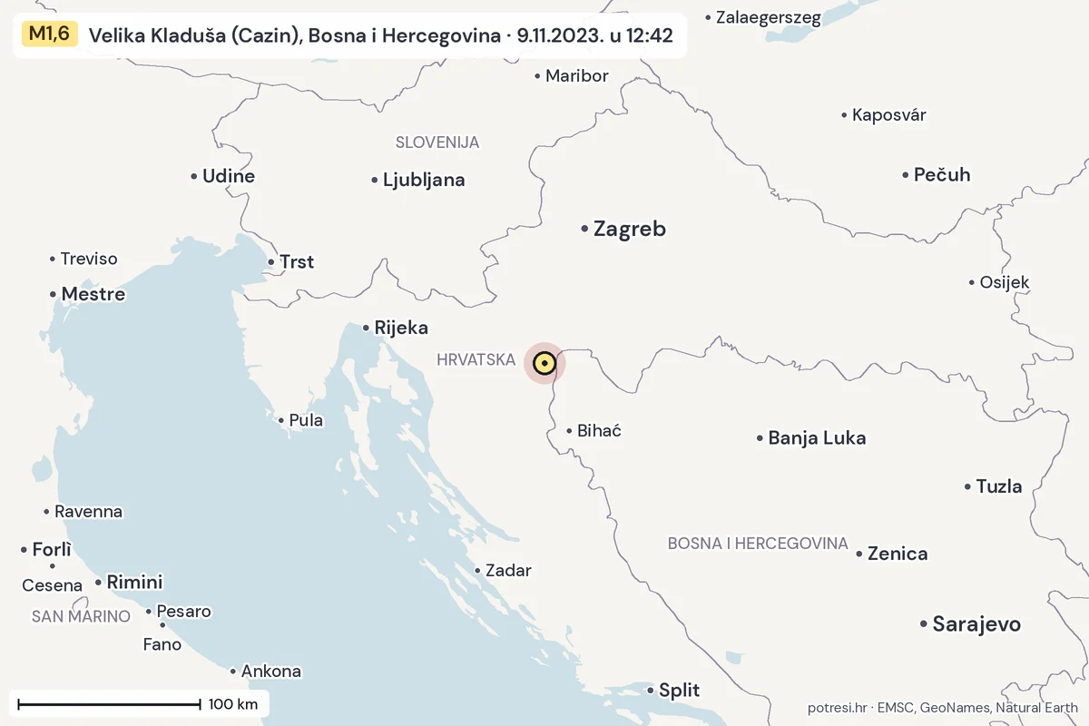 Karta: šire područje, 600 km, potres M1,6, Velika Kladuša (Cazin), Bosna i Hercegovina, 9.11.2023.