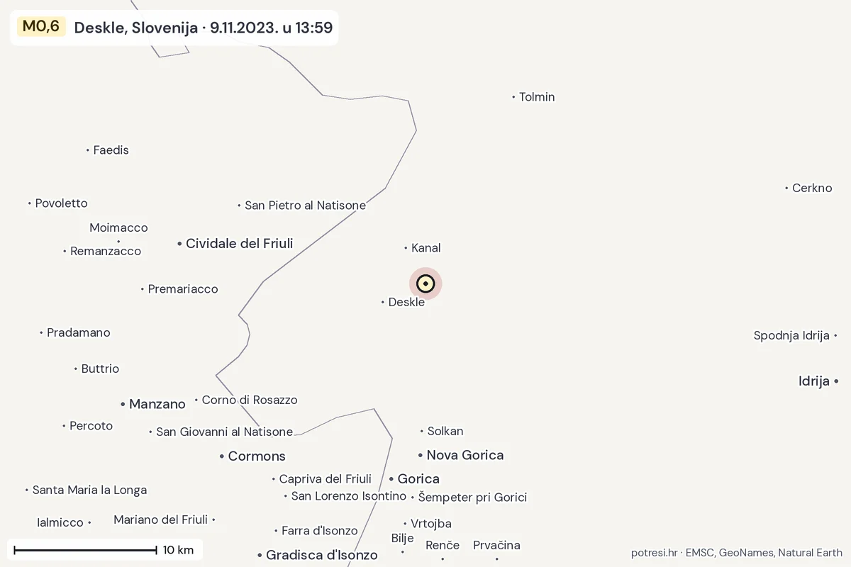 Karta: okolica epicentra, 60 km, potres M0,6, Deskle, Slovenija, 9.11.2023.