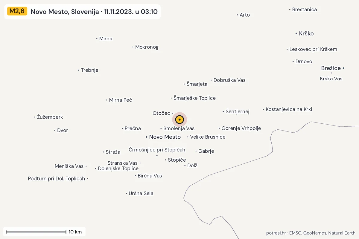 Karta: okolica epicentra, 60 km, potres M2,6, Novo Mesto, Slovenija, 11.11.2023.
