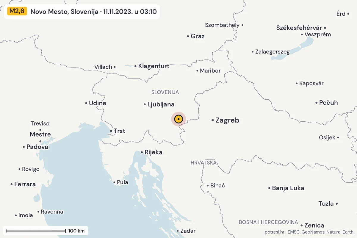 Karta: šire područje, 600 km, potres M2,6, Novo Mesto, Slovenija, 11.11.2023.