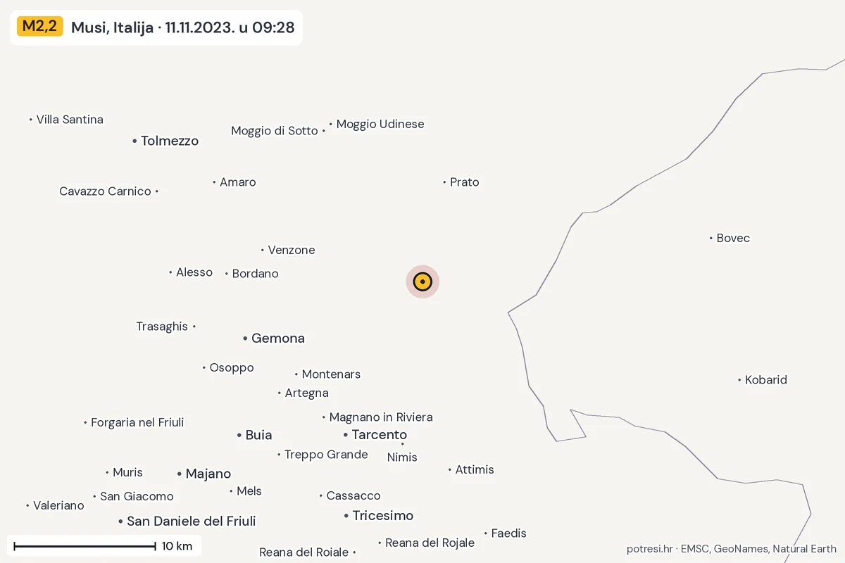Karta: okolica epicentra, 60 km, potres M2,2, Musi, Italija, 11.11.2023.
