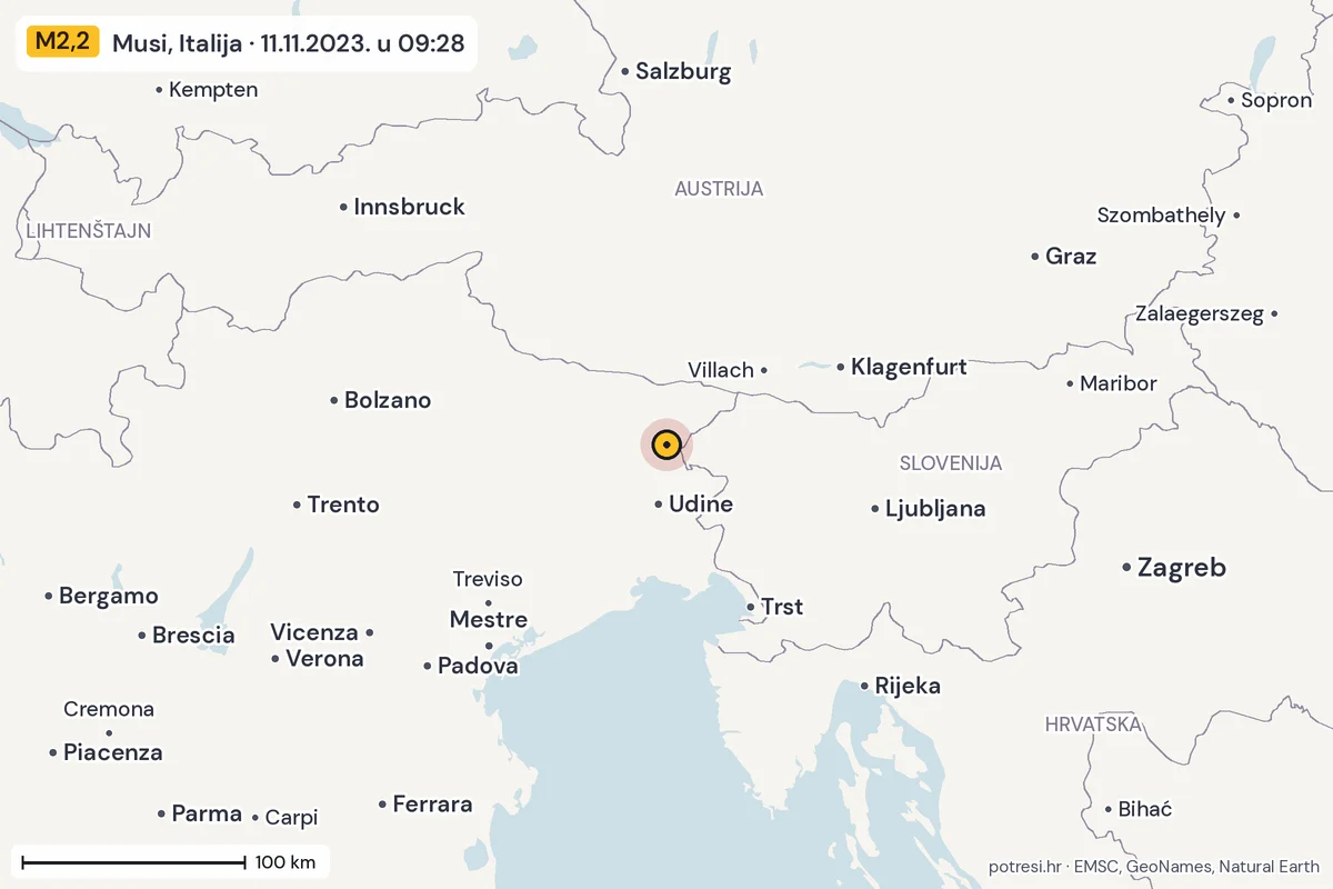 Karta: šire područje, 600 km, potres M2,2, Musi, Italija, 11.11.2023.