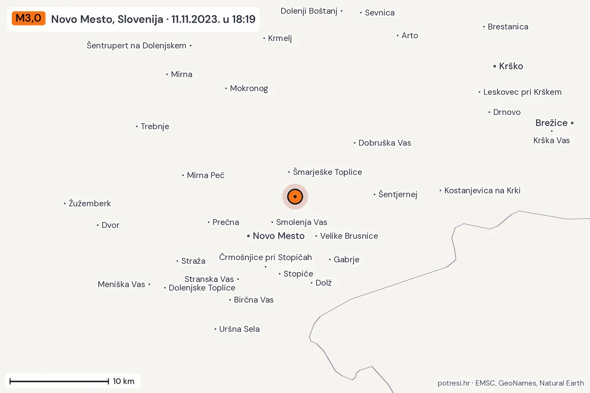 Karta: okolica epicentra, 60 km, potres M3,0, Novo Mesto, Slovenija, 11.11.2023.