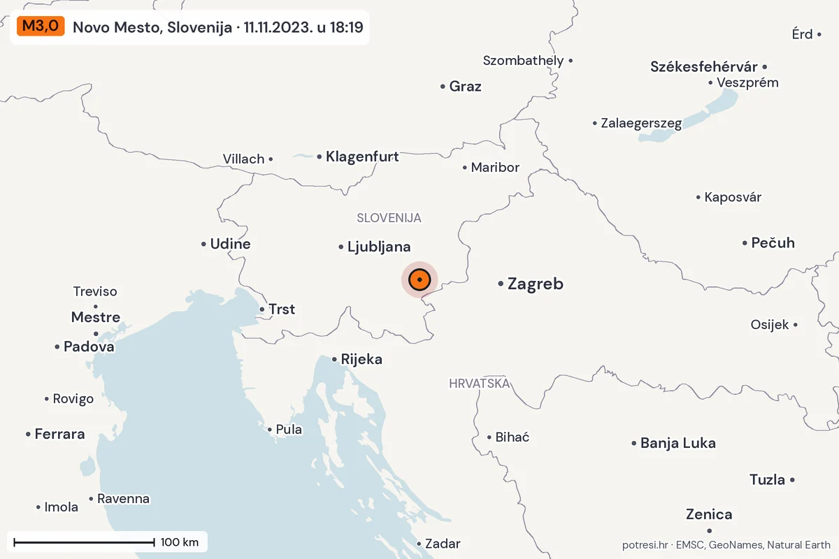 Karta: šire područje, 600 km, potres M3,0, Novo Mesto, Slovenija, 11.11.2023.