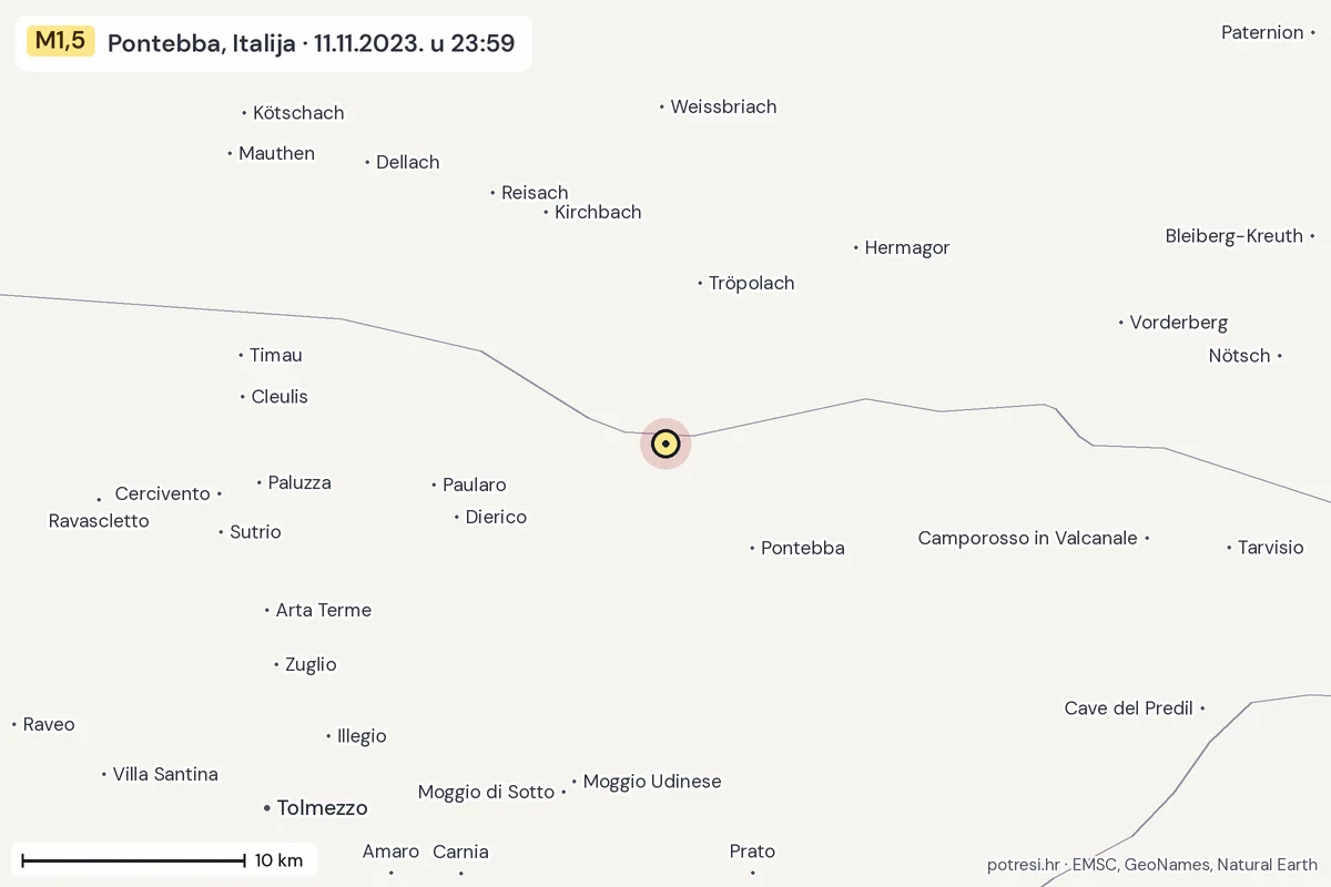 Karta: okolica epicentra, 60 km, potres M1,5, Pontebba, Italija, 11.11.2023.