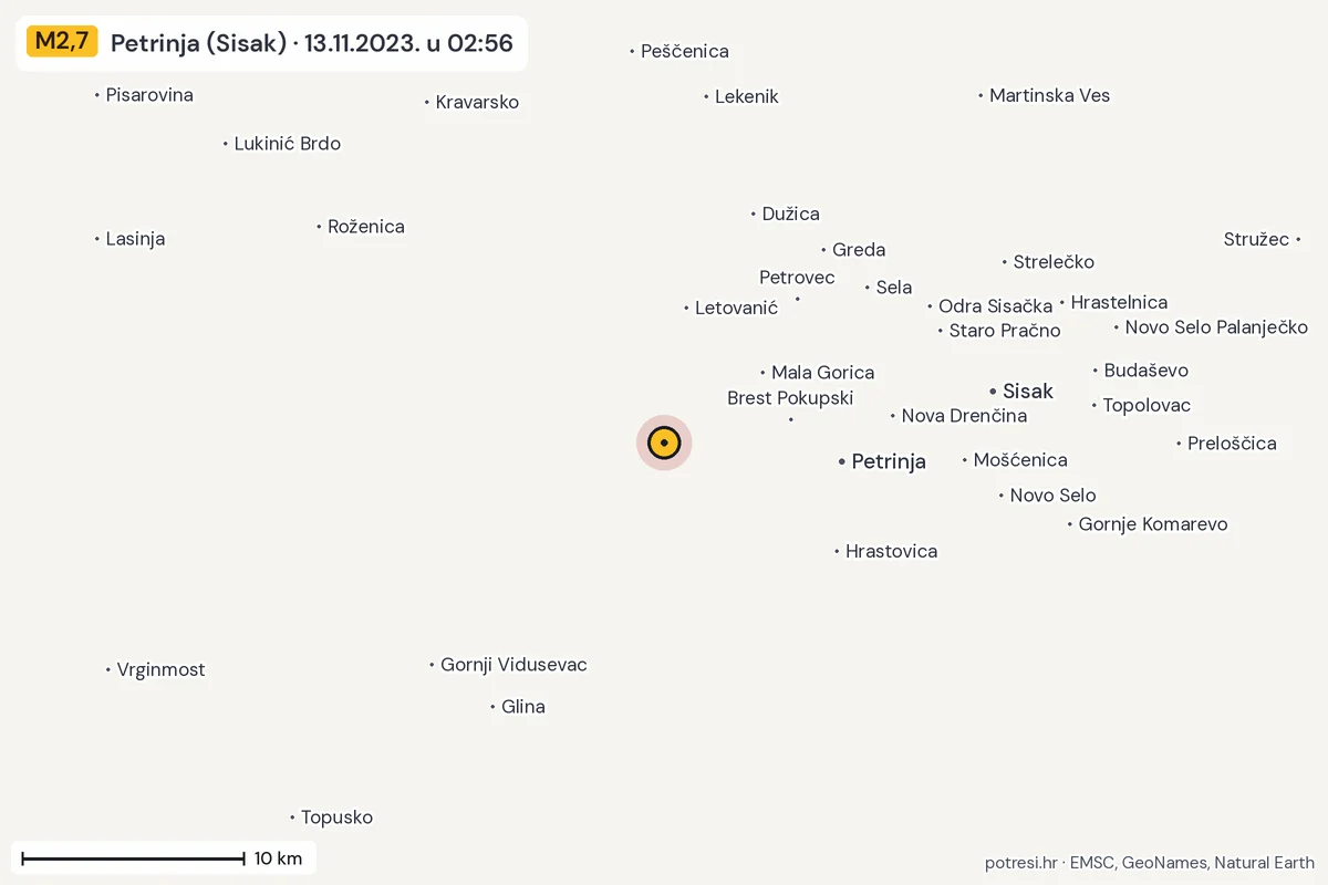 Karta: okolica epicentra, 60 km, potres M2,7, Petrinja (Sisak), 13.11.2023.