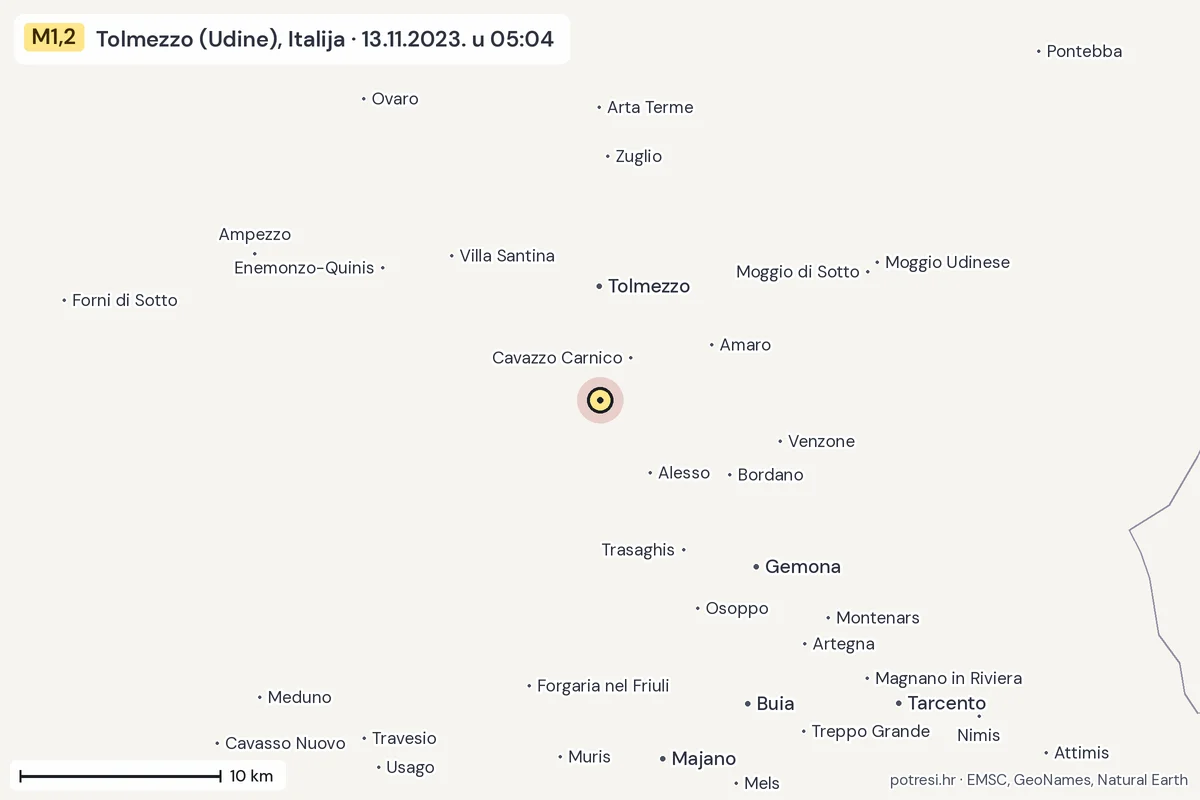 Karta: okolica epicentra, 60 km, potres M1,2, Tolmezzo (Udine), Italija, 13.11.2023.
