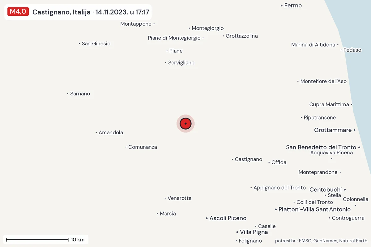 Karta: okolica epicentra, 60 km, potres M4,0, Castignano, Italija, 14.11.2023.