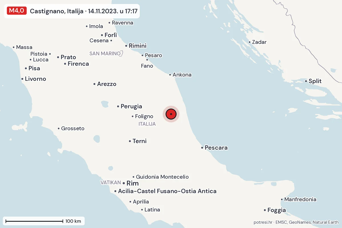 Karta: šire područje, 600 km, potres M4,0, Castignano, Italija, 14.11.2023.