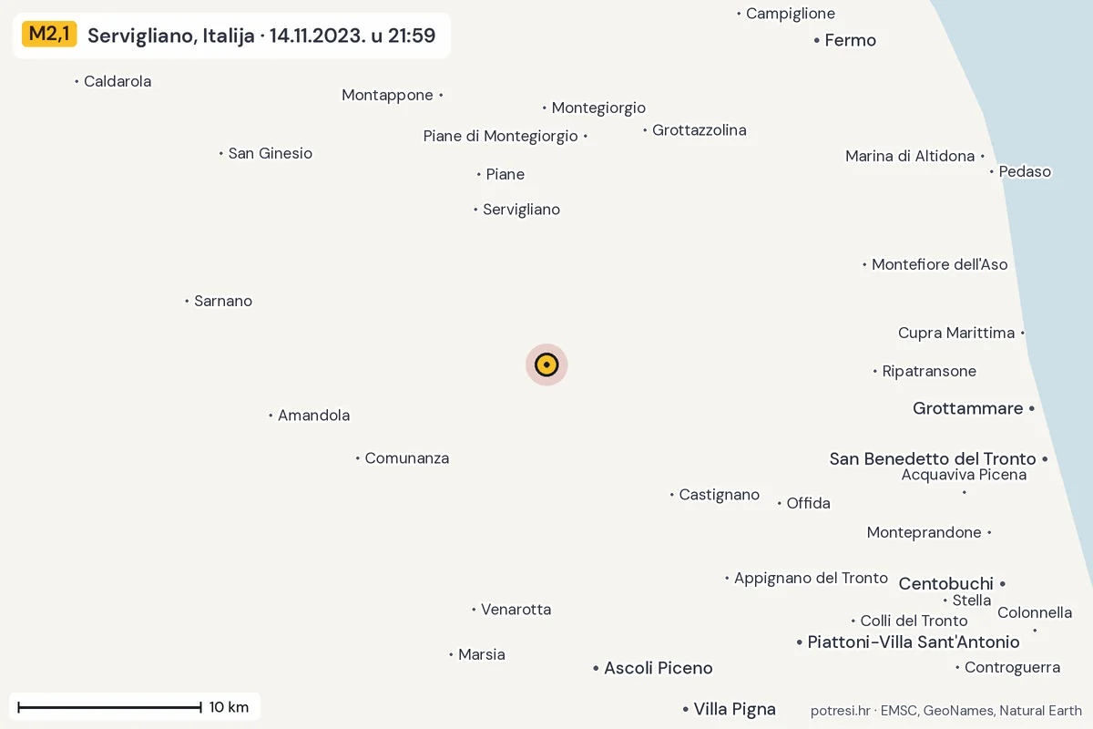 Karta: okolica epicentra, 60 km, potres M2,1, Servigliano, Italija, 14.11.2023.