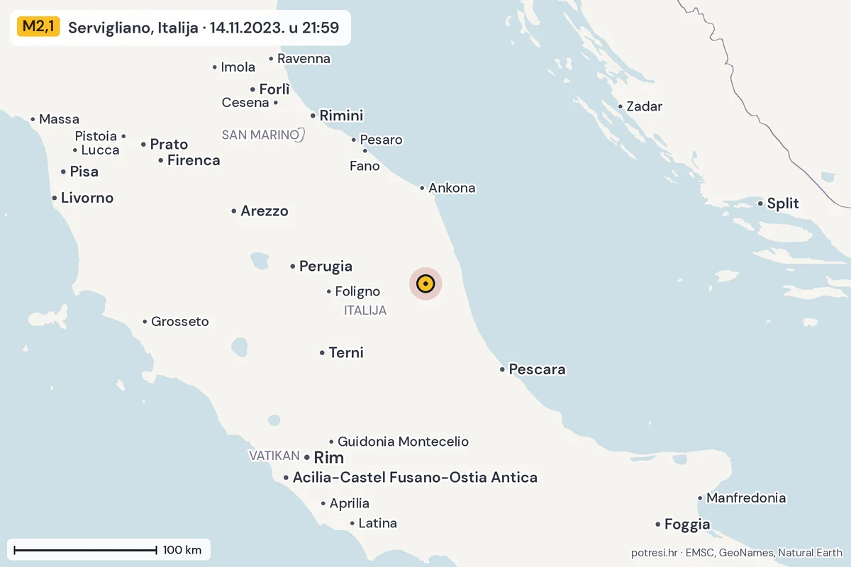 Karta: šire područje, 600 km, potres M2,1, Servigliano, Italija, 14.11.2023.