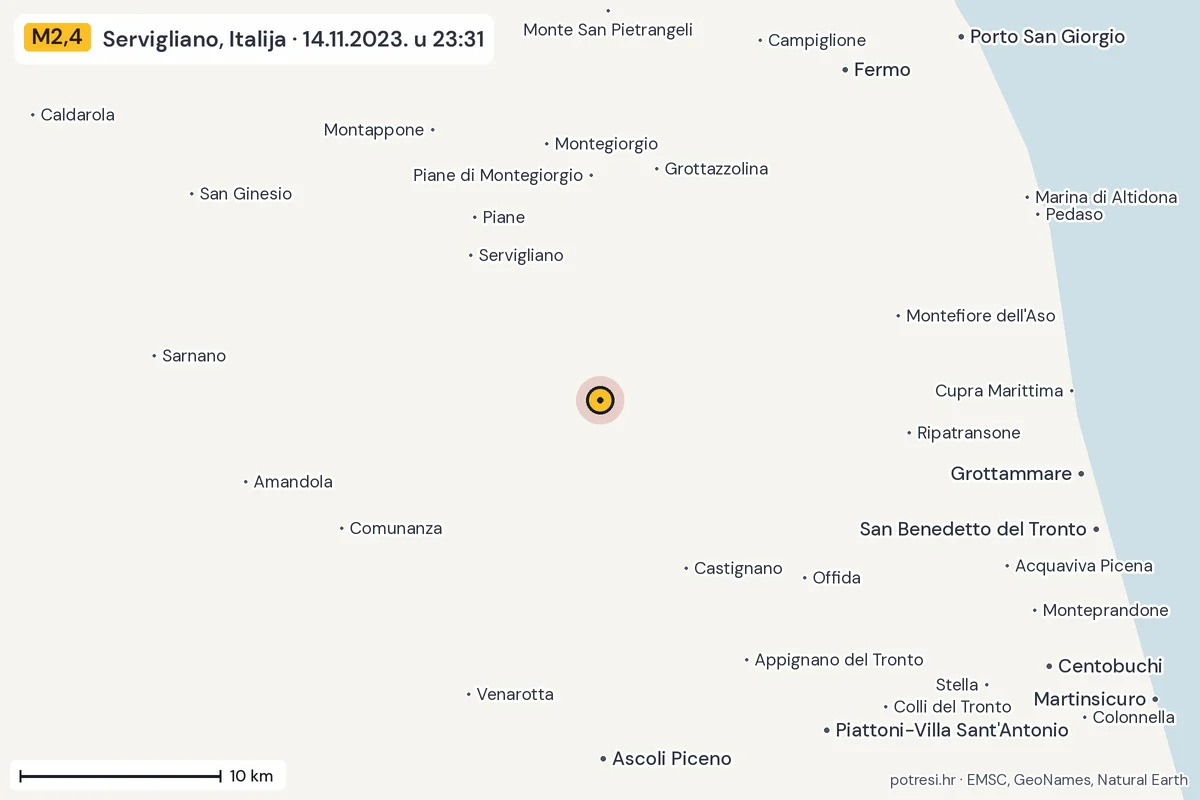 Karta: okolica epicentra, 60 km, potres M2,4, Servigliano, Italija, 14.11.2023.