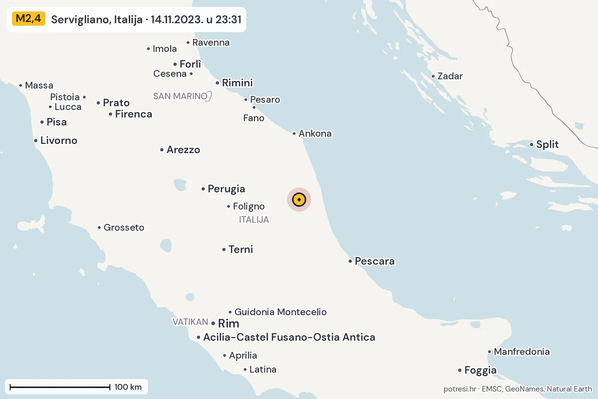 Karta: šire područje, 600 km, potres M2,4, Servigliano, Italija, 14.11.2023.