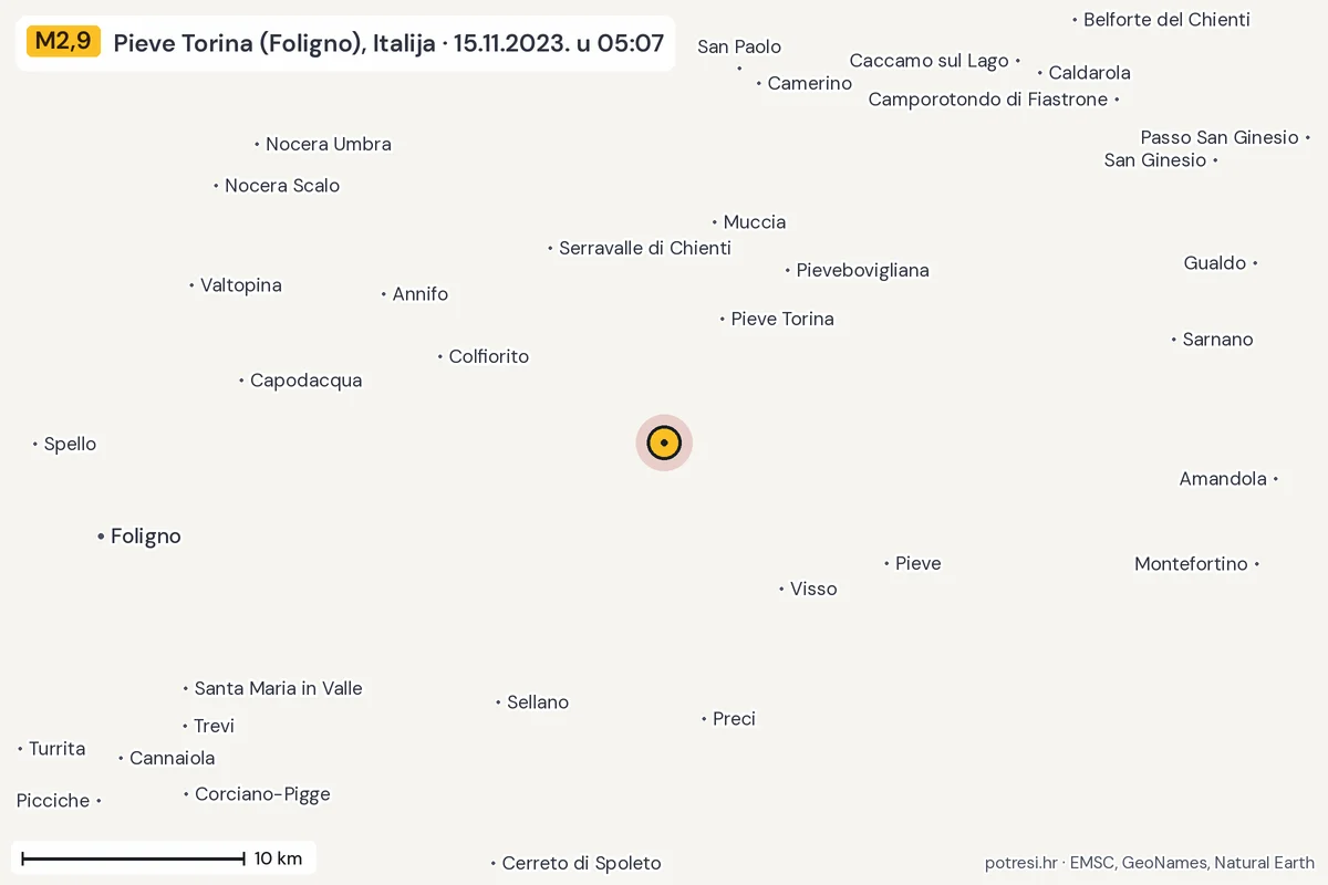 Karta: okolica epicentra, 60 km, potres M2,9, Pieve Torina (Foligno), Italija, 15.11.2023.