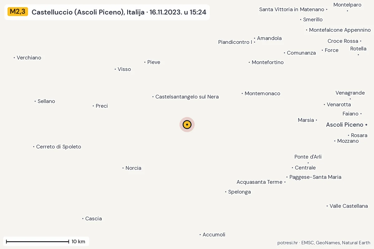 Karta: okolica epicentra, 60 km, potres M2,3, Castelluccio (Ascoli Piceno), Italija, 16.11.2023.