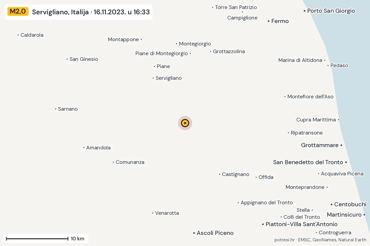 Karta: okolica epicentra, 60 km, potres M2,0, Servigliano, Italija, 16.11.2023.