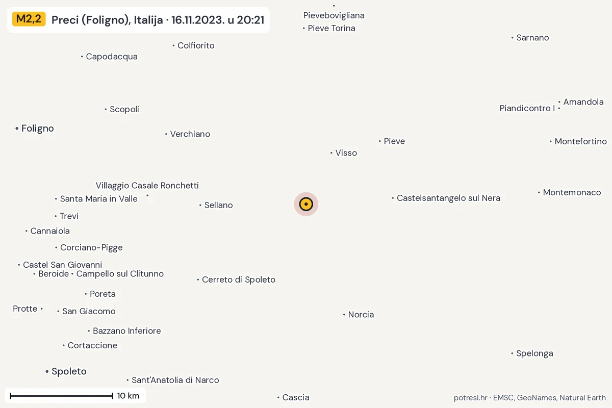Karta: okolica epicentra, 60 km, potres M2,2, Preci (Foligno), Italija, 16.11.2023.
