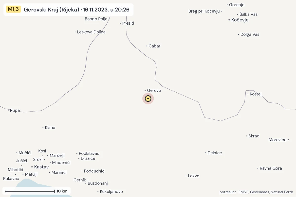 Karta: okolica epicentra, 60 km, potres M1,3, Gerovski Kraj (Rijeka), 16.11.2023.