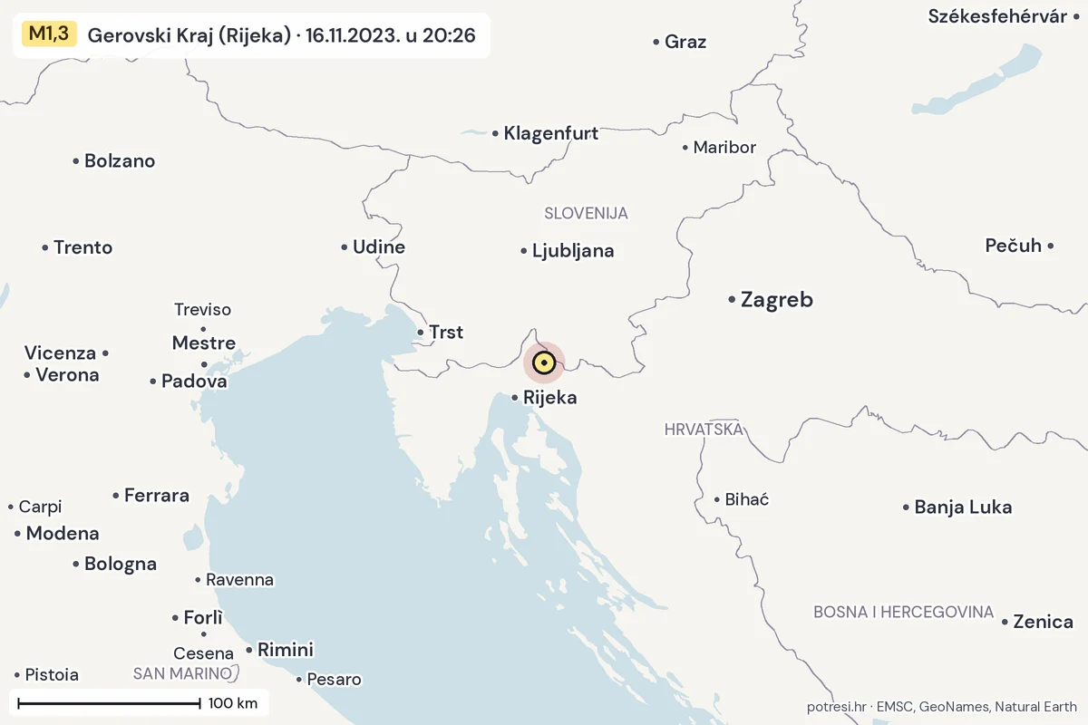 Karta: šire područje, 600 km, potres M1,3, Gerovski Kraj (Rijeka), 16.11.2023.