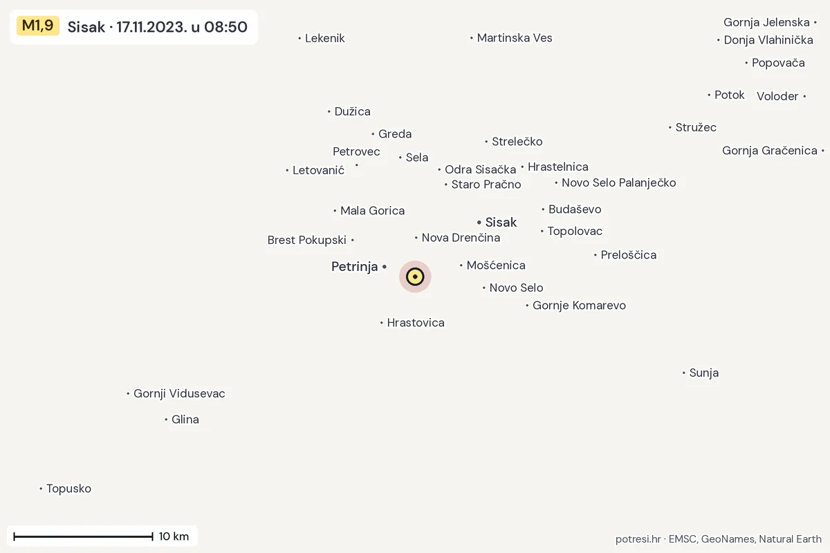 Karta: okolica epicentra, 60 km, potres M1,9, Sisak, 17.11.2023.