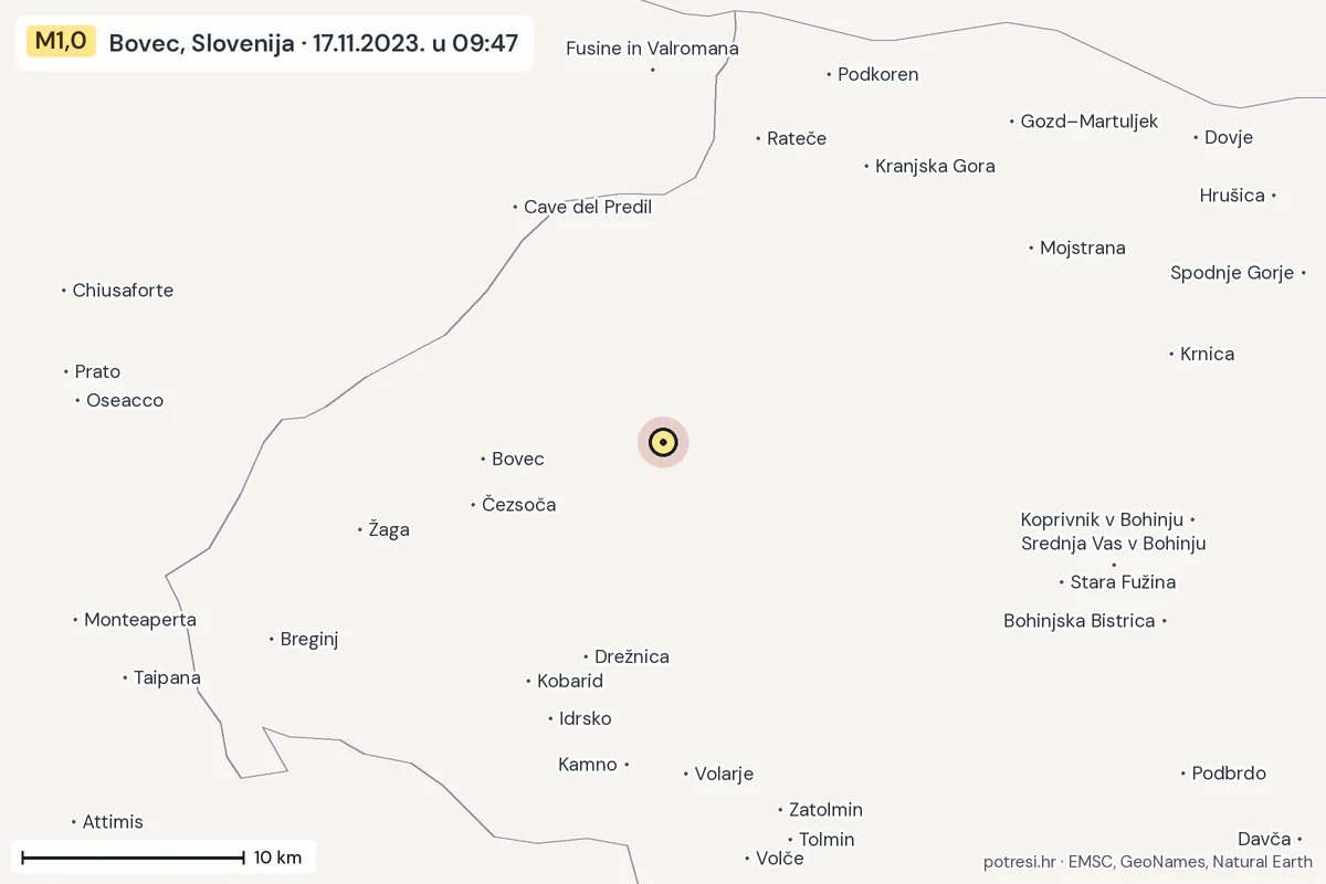 Karta: okolica epicentra, 60 km, potres M1,0, Bovec, Slovenija, 17.11.2023.