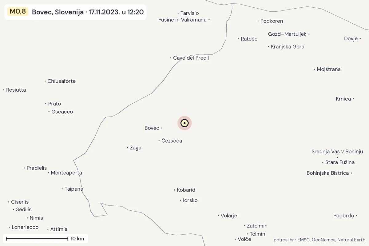 Karta: okolica epicentra, 60 km, potres M0,8, Bovec, Slovenija, 17.11.2023.