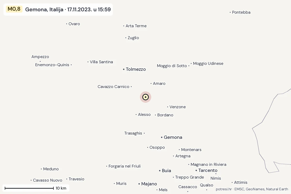Karta: okolica epicentra, 60 km, potres M0,8, Gemona, Italija, 17.11.2023.