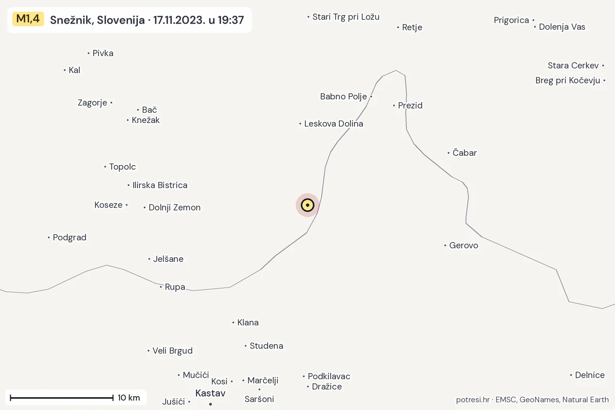 Karta: okolica epicentra, 60 km, potres M1,4, Snežnik, Slovenija, 17.11.2023.