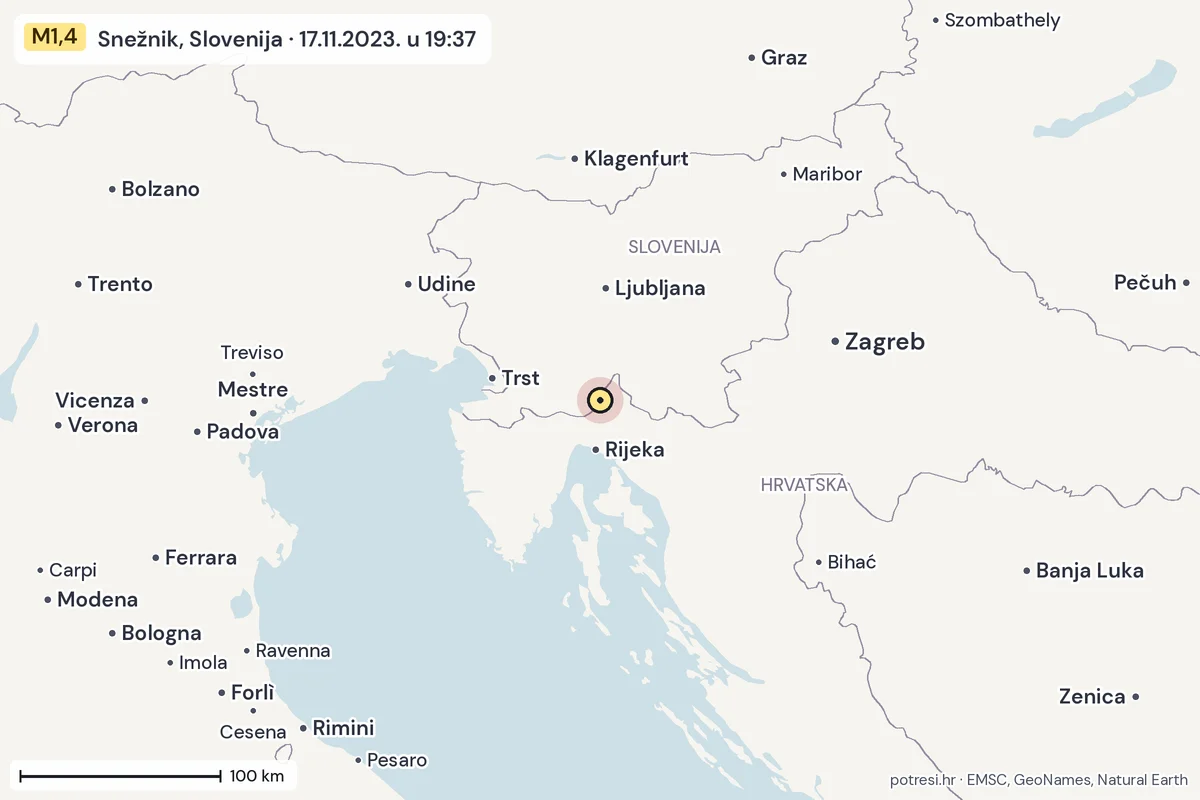 Karta: šire područje, 600 km, potres M1,4, Snežnik, Slovenija, 17.11.2023.