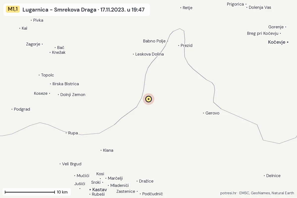 Karta: okolica epicentra, 60 km, potres M1,1, Lugarnica - Smrekova Draga, 17.11.2023.