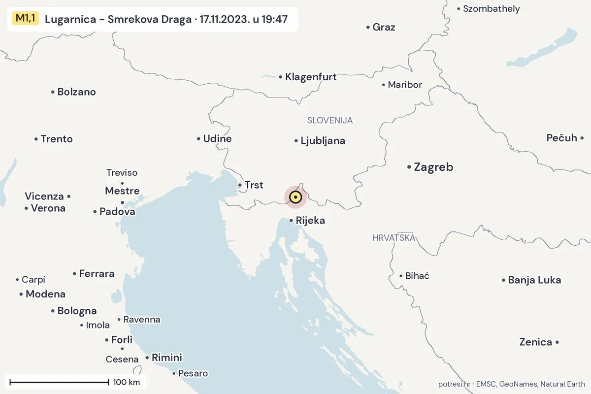 Karta: šire područje, 600 km, potres M1,1, Lugarnica - Smrekova Draga, 17.11.2023.