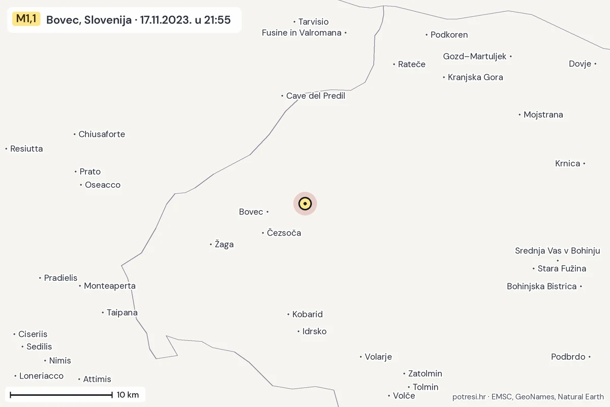 Karta: okolica epicentra, 60 km, potres M1,1, Bovec, Slovenija, 17.11.2023.