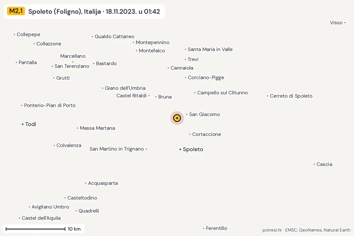 Karta: okolica epicentra, 60 km, potres M2,1, Spoleto (Foligno), Italija, 18.11.2023.