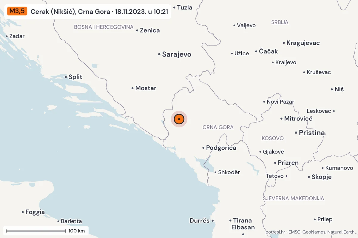 Karta: šire područje, 600 km, potres M3,5, Cerak (Nikšić), Crna Gora, 18.11.2023.