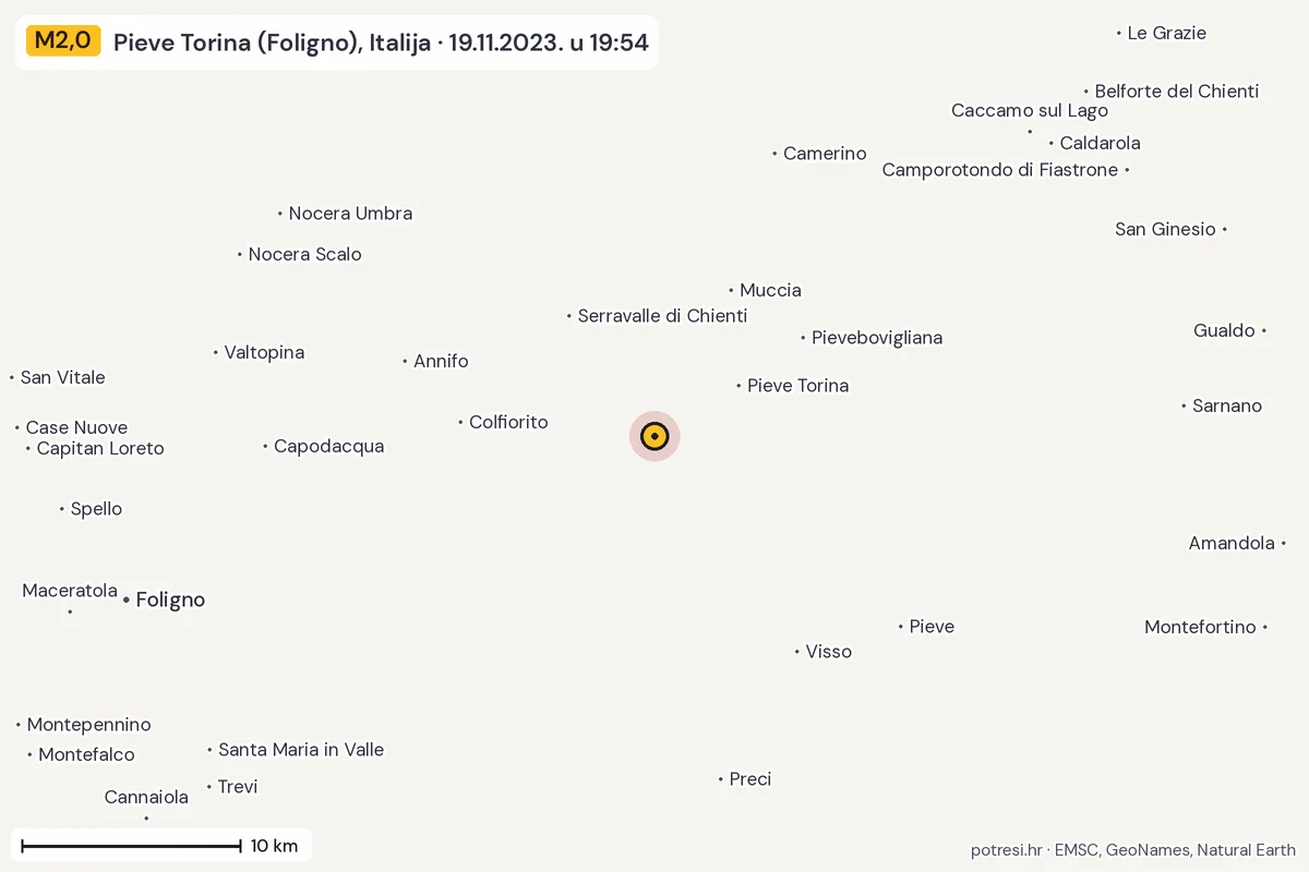 Karta: okolica epicentra, 60 km, potres M2,0, Pieve Torina (Foligno), Italija, 19.11.2023.