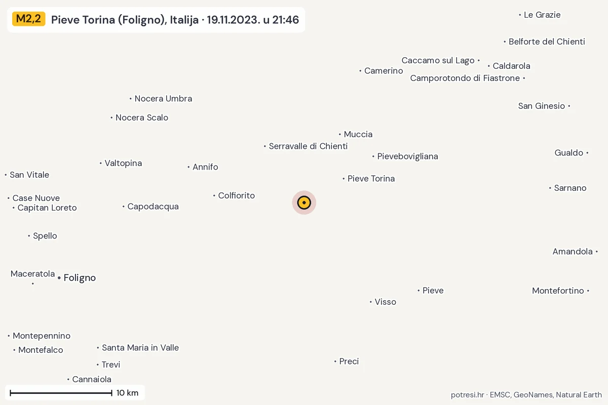 Karta: okolica epicentra, 60 km, potres M2,2, Pieve Torina (Foligno), Italija, 19.11.2023.