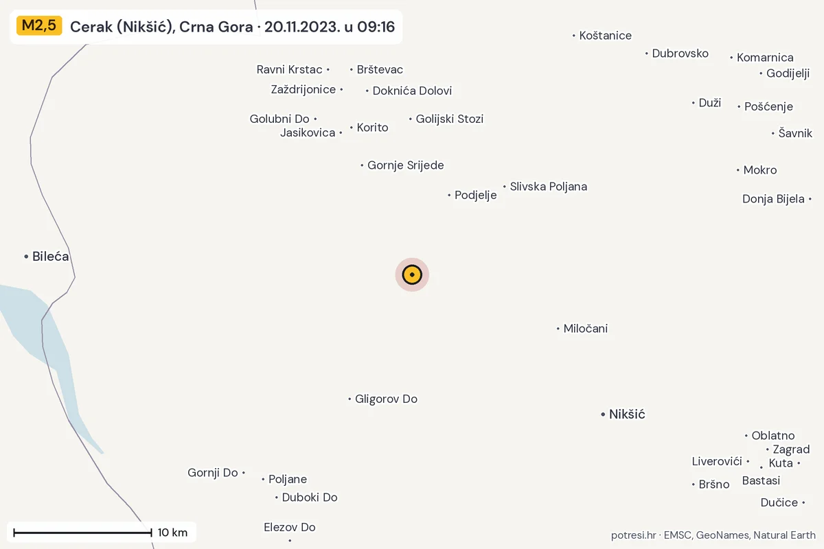Karta: okolica epicentra, 60 km, potres M2,5, Cerak (Nikšić), Crna Gora, 20.11.2023.