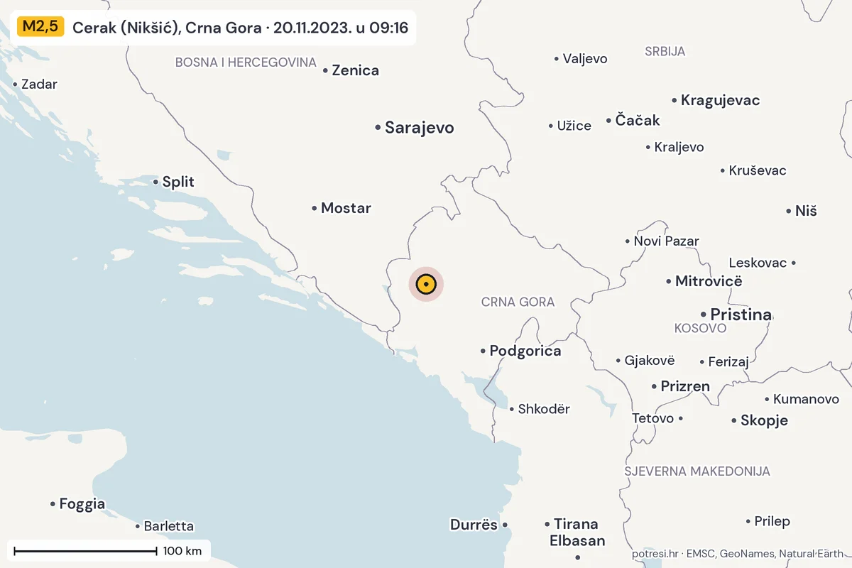Karta: šire područje, 600 km, potres M2,5, Cerak (Nikšić), Crna Gora, 20.11.2023.