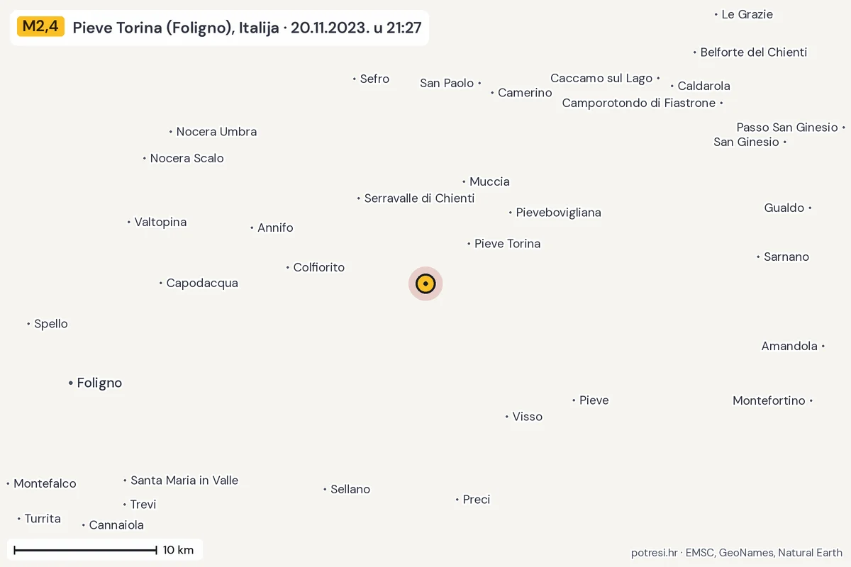 Karta: okolica epicentra, 60 km, potres M2,4, Pieve Torina (Foligno), Italija, 20.11.2023.
