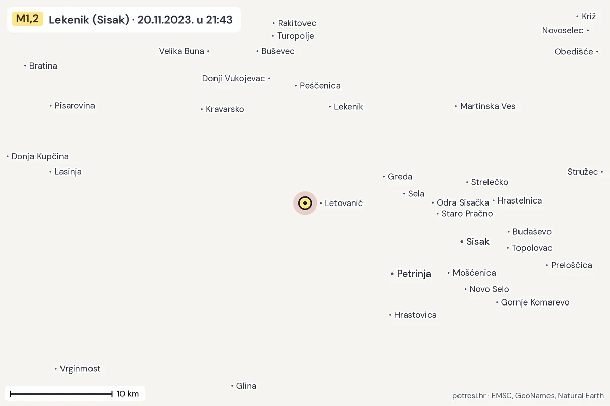 Karta: okolica epicentra, 60 km, potres M1,2, Lekenik (Sisak), 20.11.2023.
