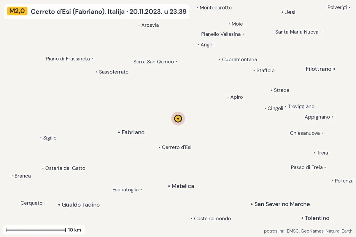 Karta: okolica epicentra, 60 km, potres M2,0, Cerreto d'Esi (Fabriano), Italija, 20.11.2023.