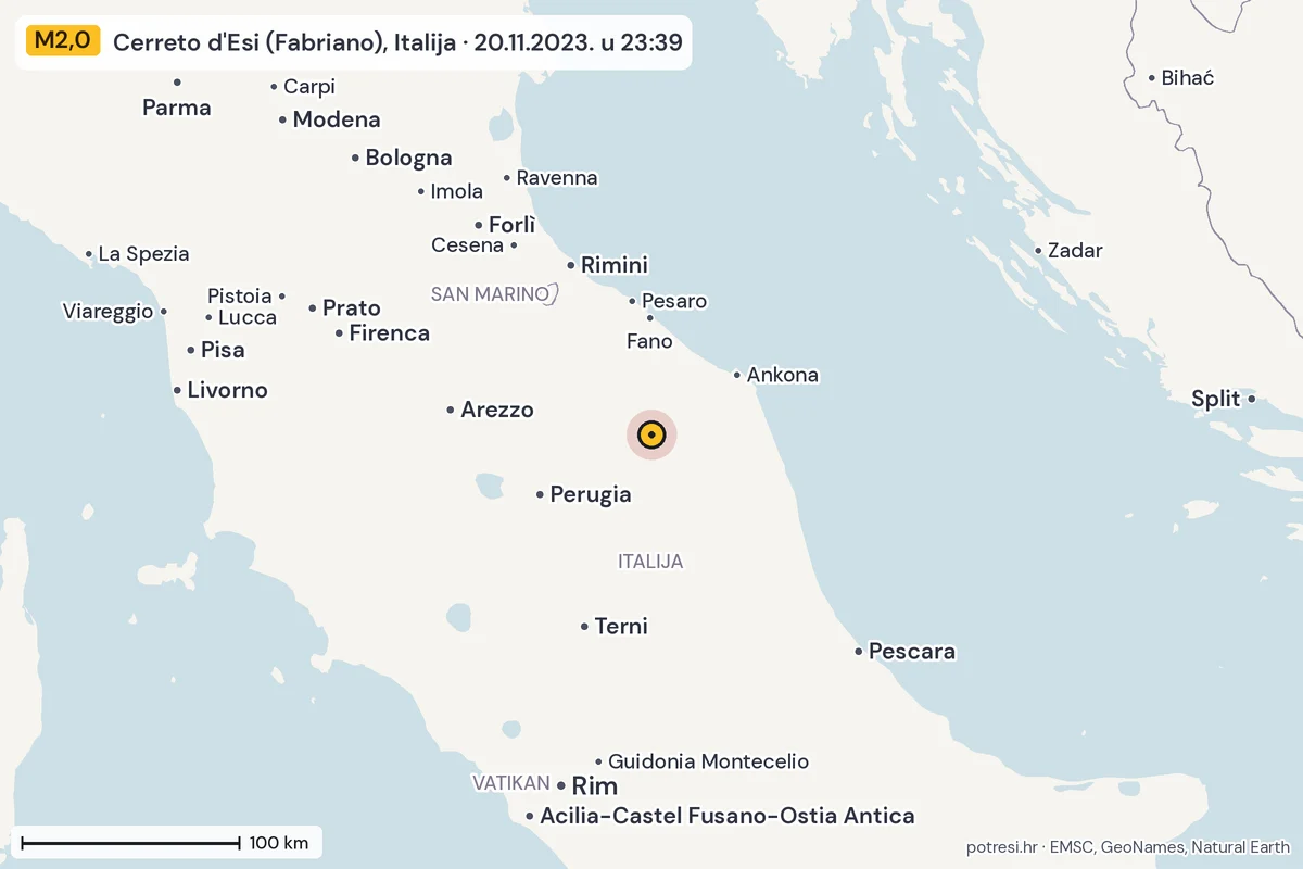 Karta: šire područje, 600 km, potres M2,0, Cerreto d'Esi (Fabriano), Italija, 20.11.2023.