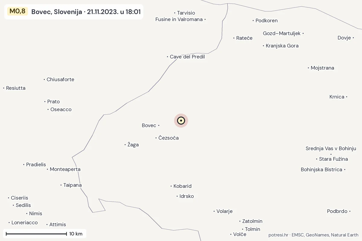 Karta: okolica epicentra, 60 km, potres M0,8, Bovec, Slovenija, 21.11.2023.