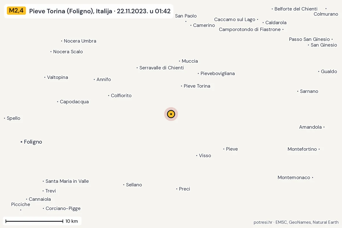 Karta: okolica epicentra, 60 km, potres M2,4, Pieve Torina (Foligno), Italija, 22.11.2023.