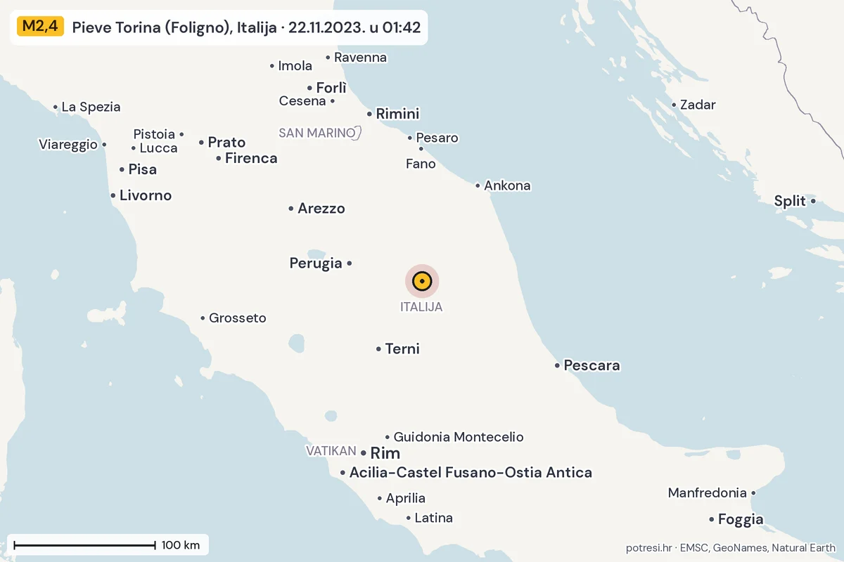 Karta: šire područje, 600 km, potres M2,4, Pieve Torina (Foligno), Italija, 22.11.2023.