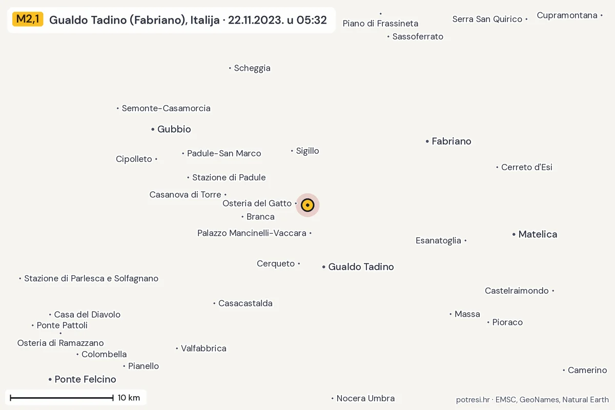 Karta: okolica epicentra, 60 km, potres M2,1, Gualdo Tadino (Fabriano), Italija, 22.11.2023.