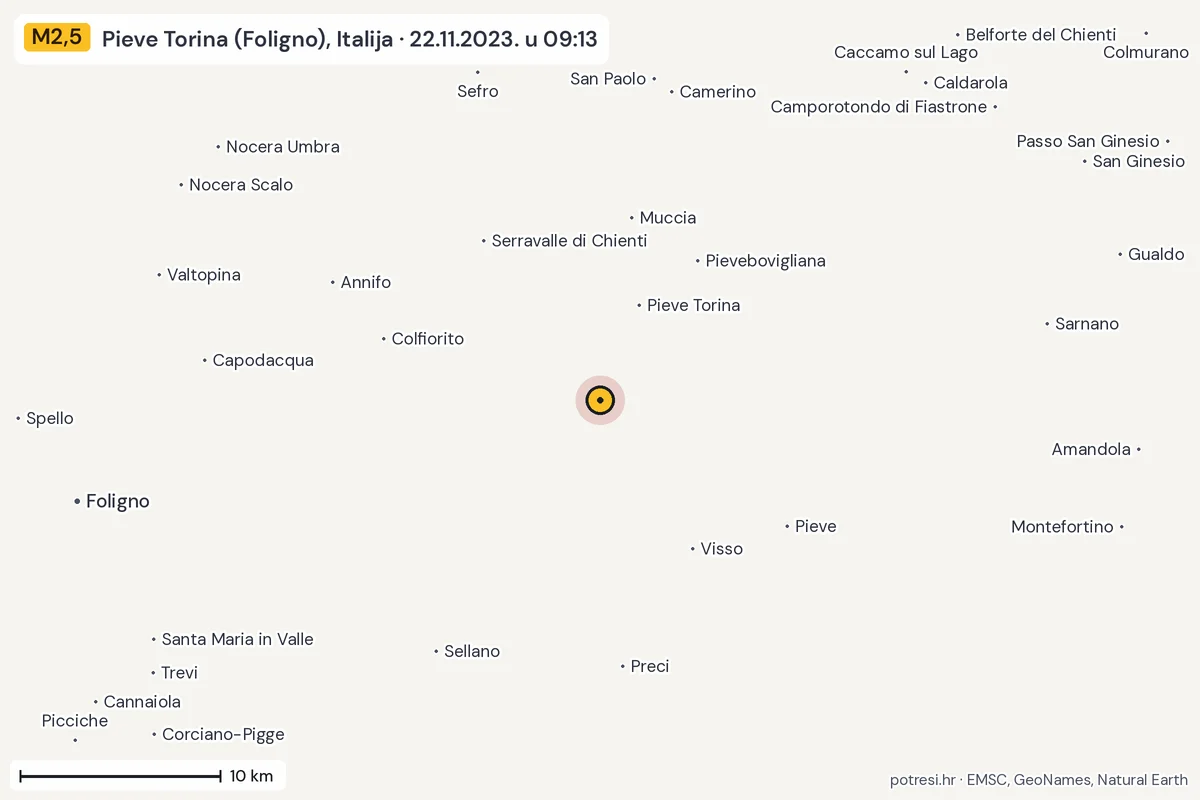 Karta: okolica epicentra, 60 km, potres M2,5, Pieve Torina (Foligno), Italija, 22.11.2023.