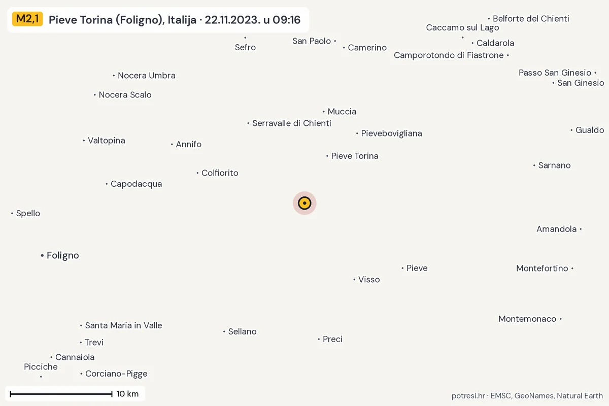 Karta: okolica epicentra, 60 km, potres M2,1, Pieve Torina (Foligno), Italija, 22.11.2023.